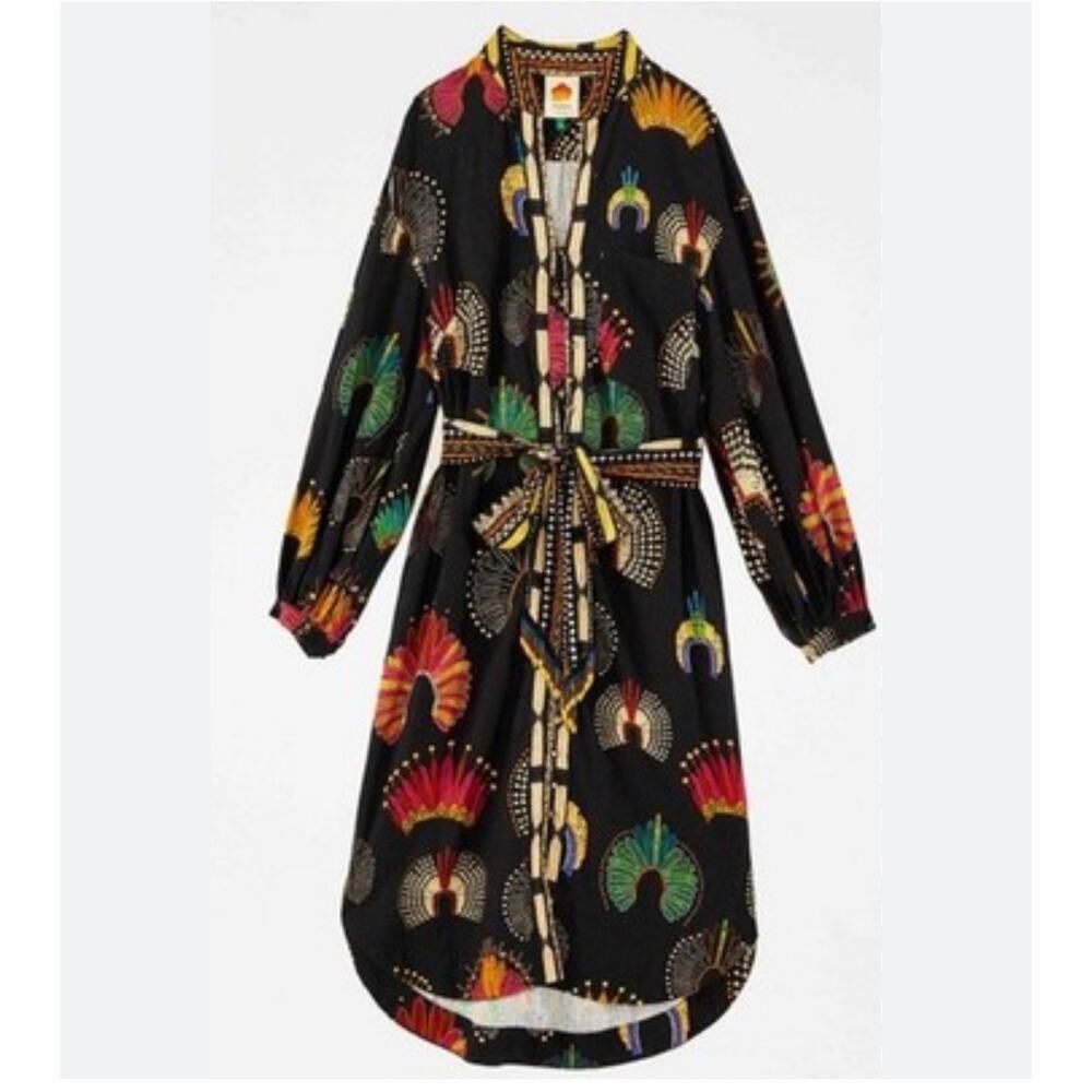 FARM Rio Black Midi Dress with Multicolor Fan Print NWT - Picture 2 of 8